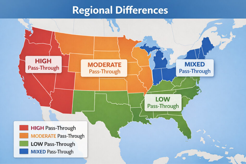 U.S. map showing regional differences in gasoline pricing