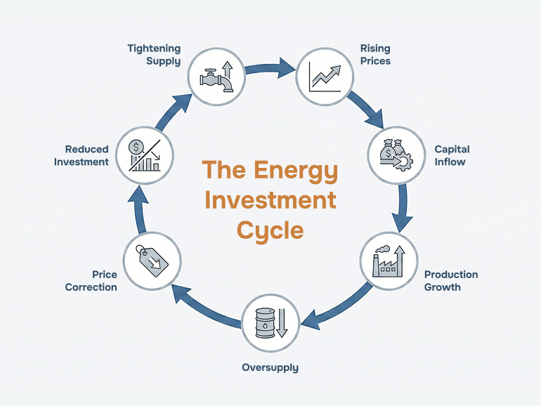 Simplified chart showing a cyclical pattern labeled “Supply Expansion,” “Oversupply,” “Capital Reduction,” and “Recovery.