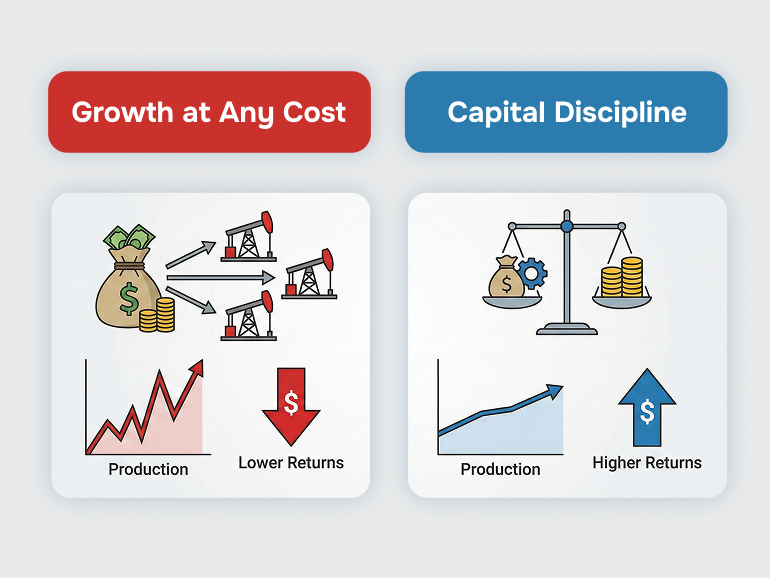 Two-panel comparison graphic — “Growth at Any Cost” vs. “Capital Discipline” highlighting spending behavior and production response