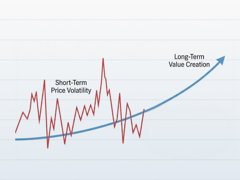 Conceptual visual of “Short-Term Price Volatility” (jagged line) overlaid on a smoother “Long-Term Value Creation” trend.