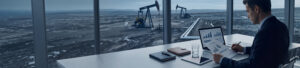 Professional reviewing energy investment documents with oil infrastructure in background