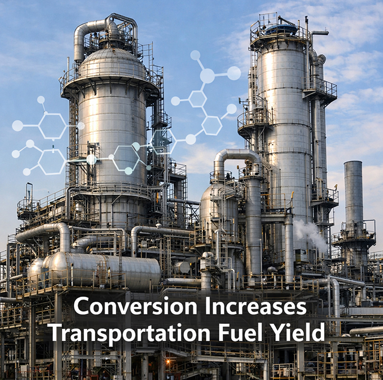 Photograph of a refinery catalytic cracking unit used to convert heavy hydrocarbons into lighter fuels.