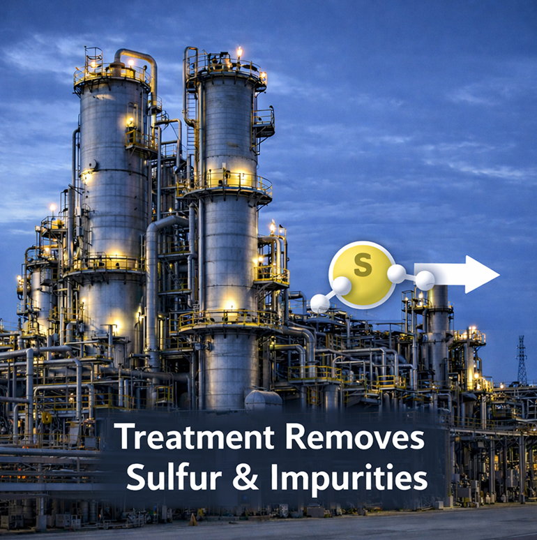 Refinery hydrotreating unit used to remove sulfur from fuels to meet environmental standards.
