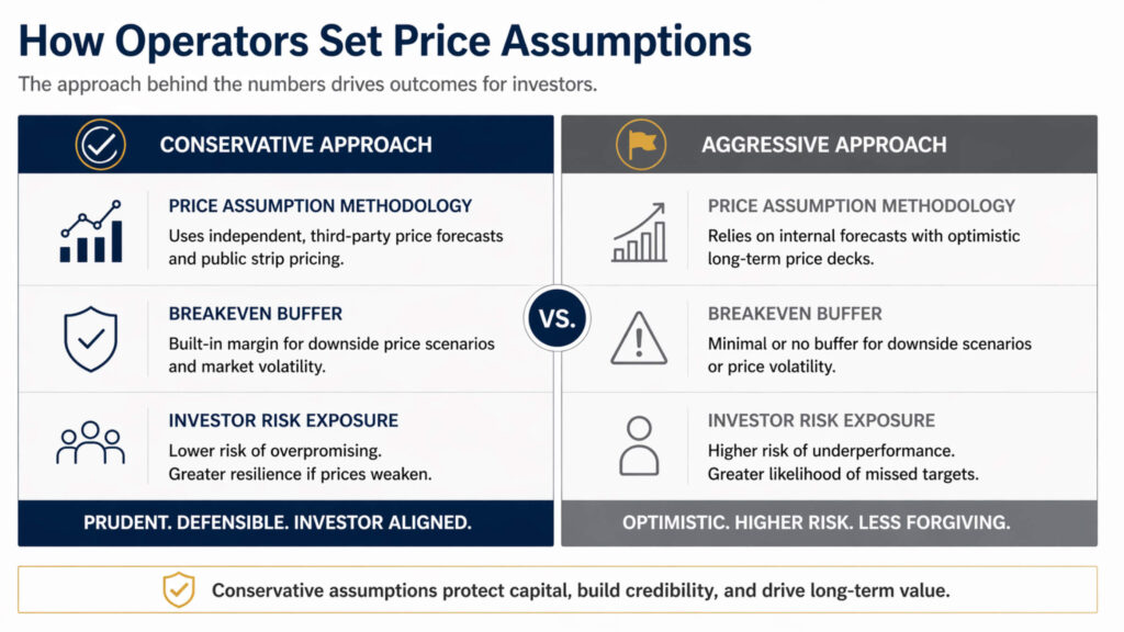 Comparison graphic showing conservative versus aggressive oil and gas price deck approaches