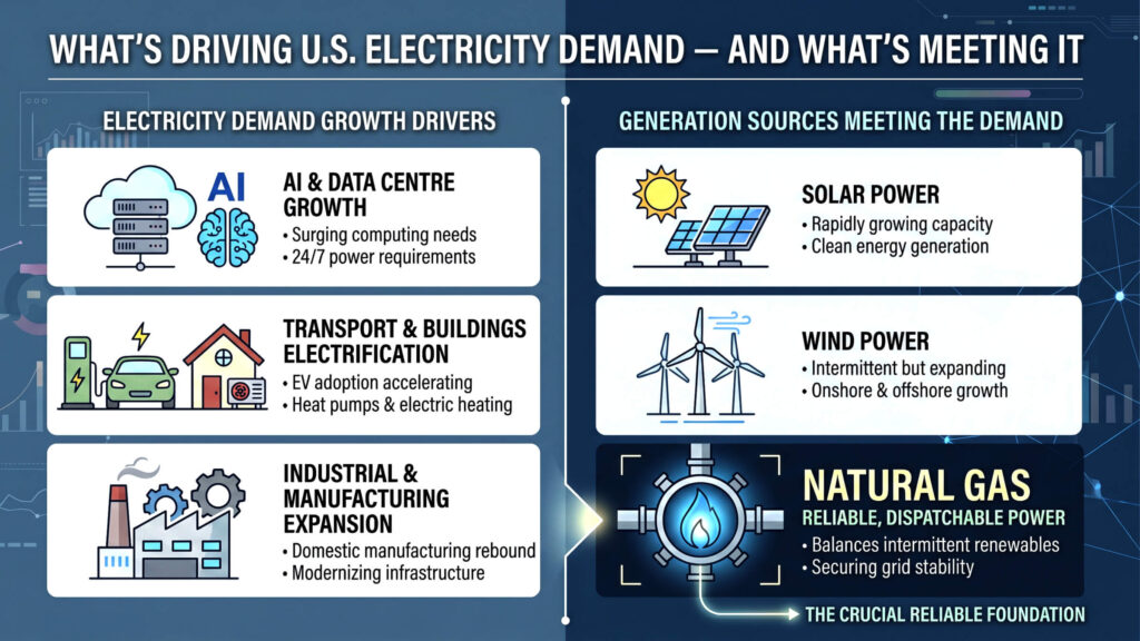 Split graphic showing electricity demand growth drivers and the generation sources meeting that demand through 2050