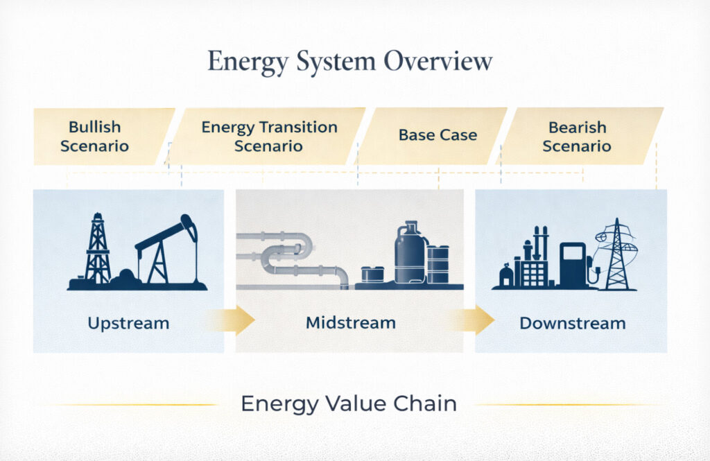 Diagram of the energy value chain and investment scenarios