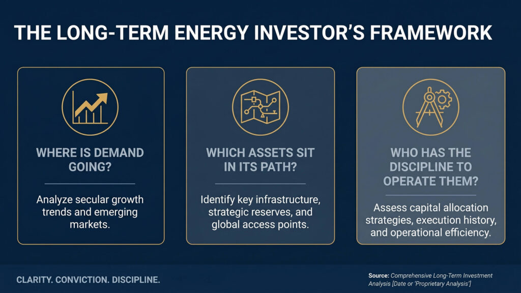 Three-part framework graphic showing the key questions for long-term energy investment decision-making