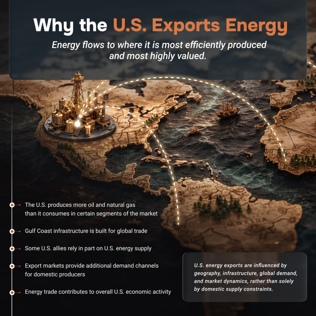 Professional square graphic showing energy export arrows from the United States to global markets with headline explaining why the U.S. exports energy.