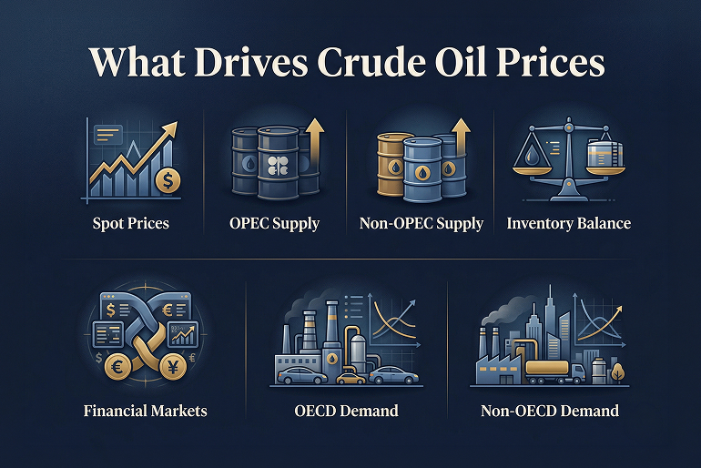 Grid showing the seven factors that influence crude oil prices according to the U.S. Energy Information Administration
