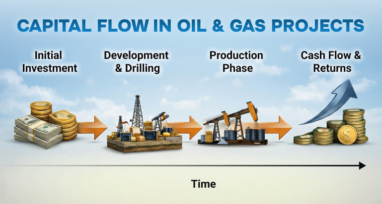 Illustration showing capital flow from investment to production over time