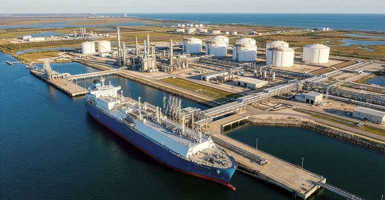 Crude oil export terminal with tankers docked at a Gulf Coast port