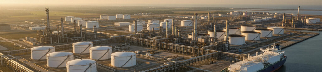 High-resolution aerial image of a Gulf Coast refinery and export terminal at sunrise or sunset. Industrial but clean — no dramatic lighting or volatility cues. Institutional tone.