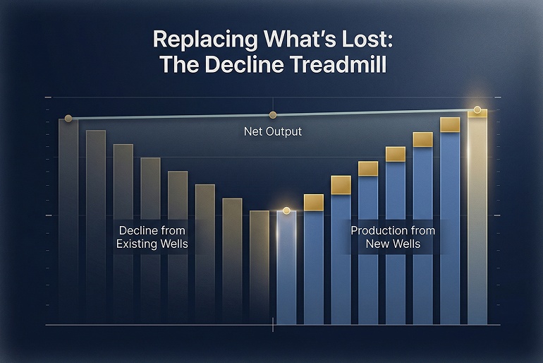 Chart showing how new well drilling offsets natural production decline to sustain overall output