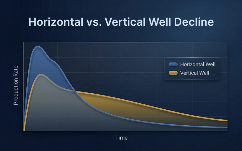 Comparative chart showing steeper decline rate of horizontal wells versus vertical wells over time