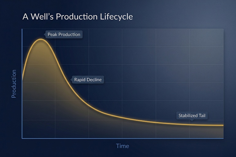 Line chart showing how oil well production peaks early then declines gradually over time